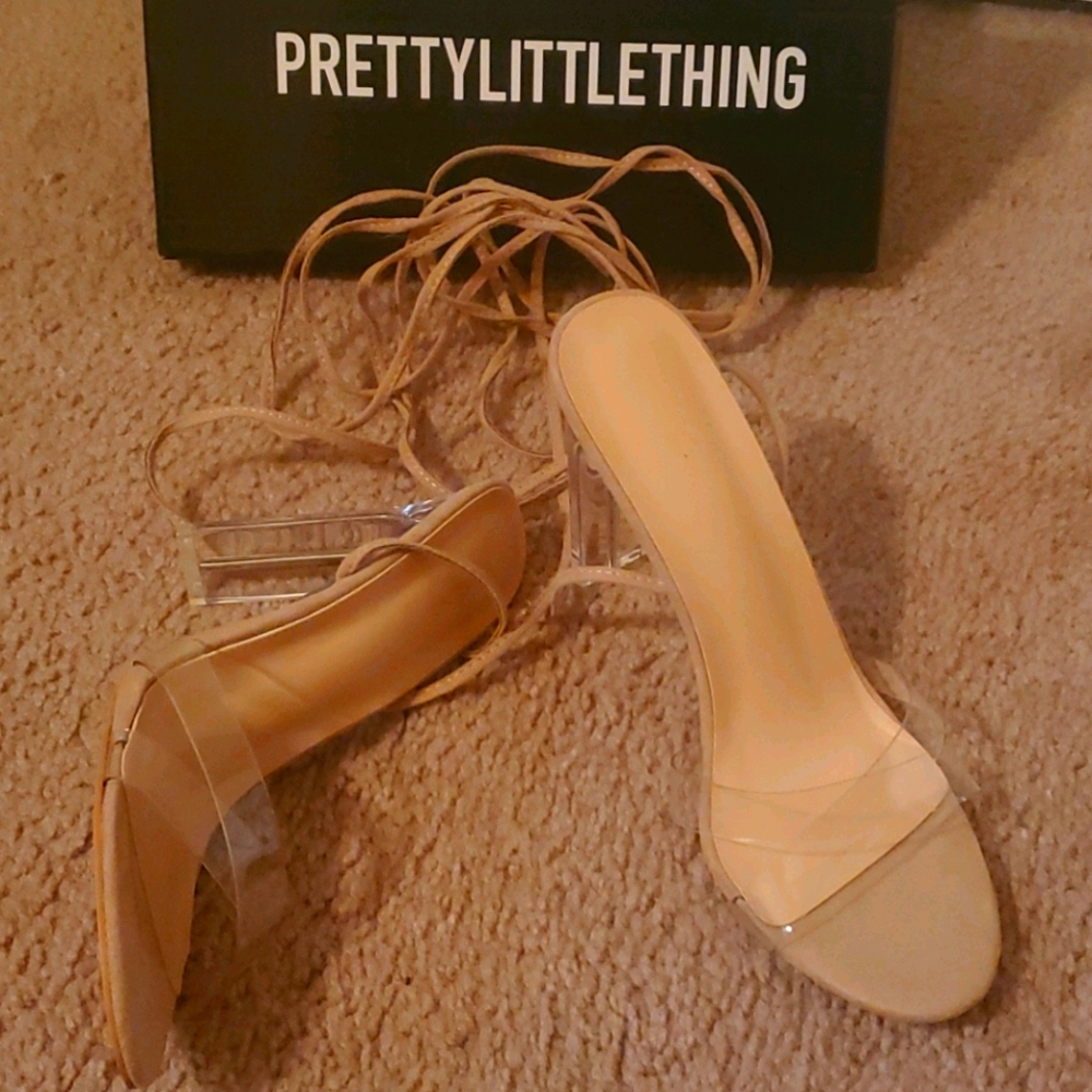 NWT PrettyLittleThing Clear Heel Ankle Tie Sandal